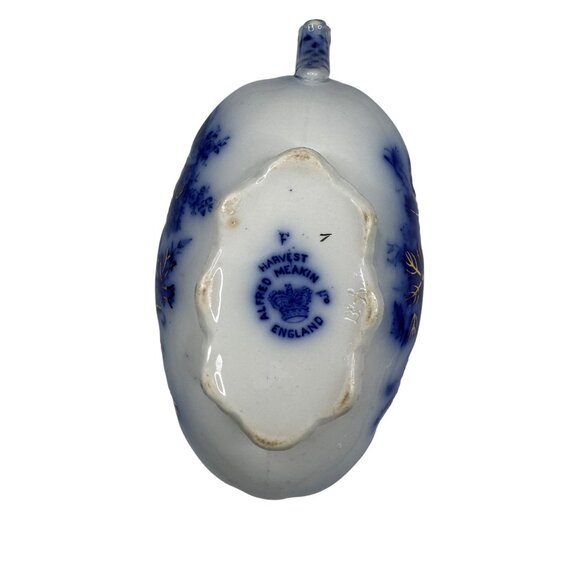 Antique Alfred Meakin Harvest Flow Blue Gravy Boat Porcelain w Underplate Relish - Picture 4 of 14